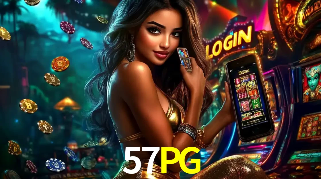 Mulher em um cenário de cassino temático de aventura, mostrando o app de caça-níqueis da 57PG no celular. Fichas de apostas flutuam ao redor.