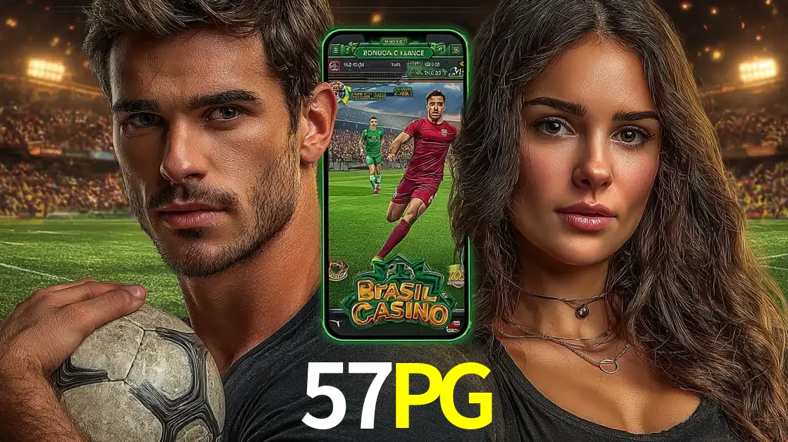 Homem segurando uma bola de futebol e uma mulher ao lado de um smartphone exibindo o jogo de apostas esportivas da 57PG. Faça seu palpite no cassino online.