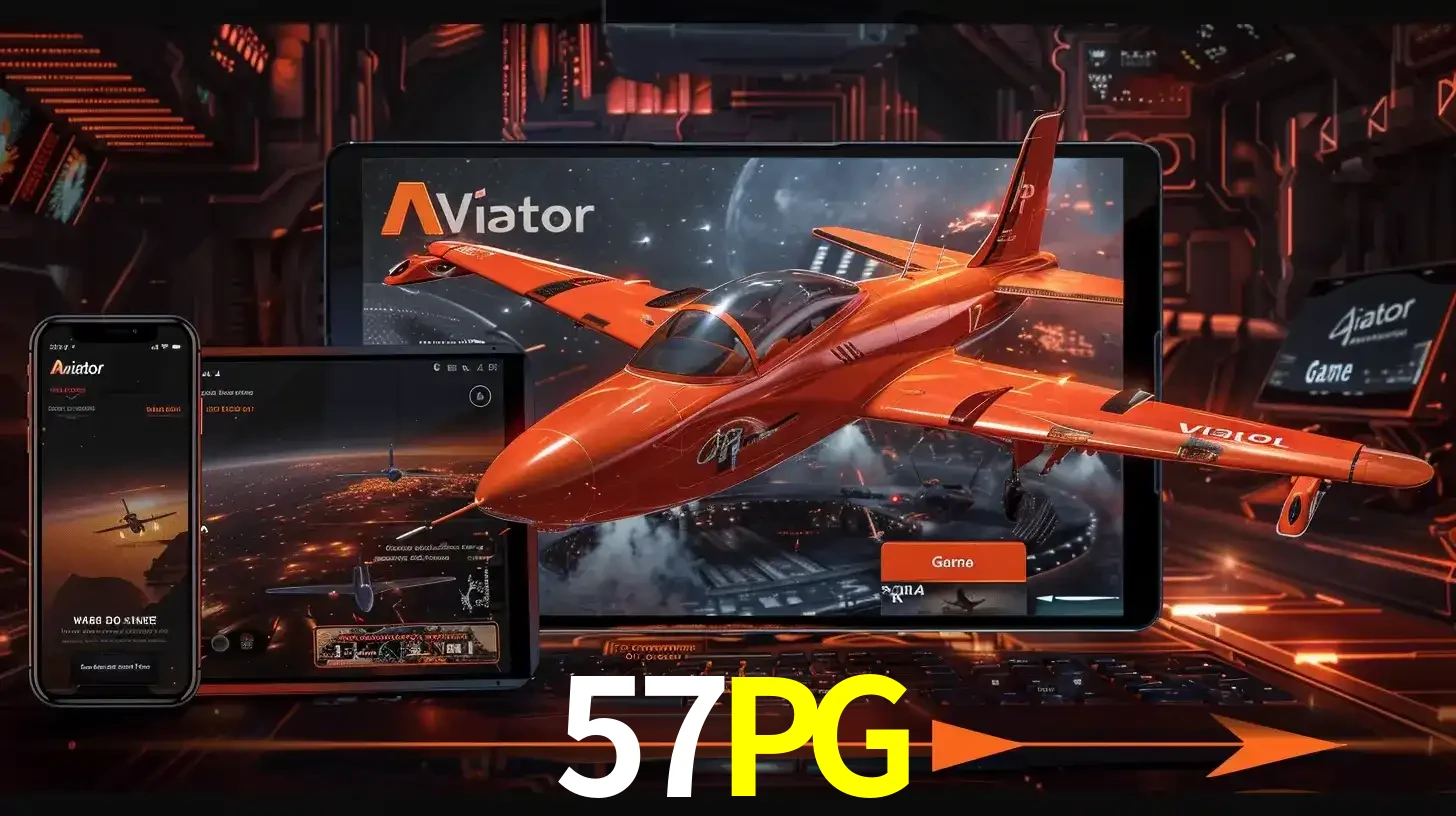 Apresentação tecnológica do jogo Aviator com um avião saindo da tela de um tablet, demonstrando a experiência imersiva em múltiplos dispositivos no 57PG.