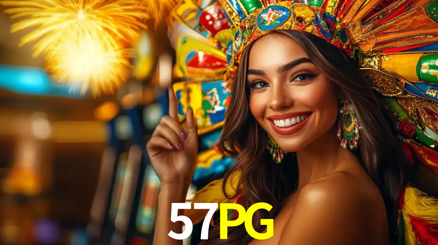 Mulher sorridente com um cocar de carnaval vibrante e colorido, celebrando uma grande vitória nos jogos do cassino 57PG com fogos de artifício ao fundo.