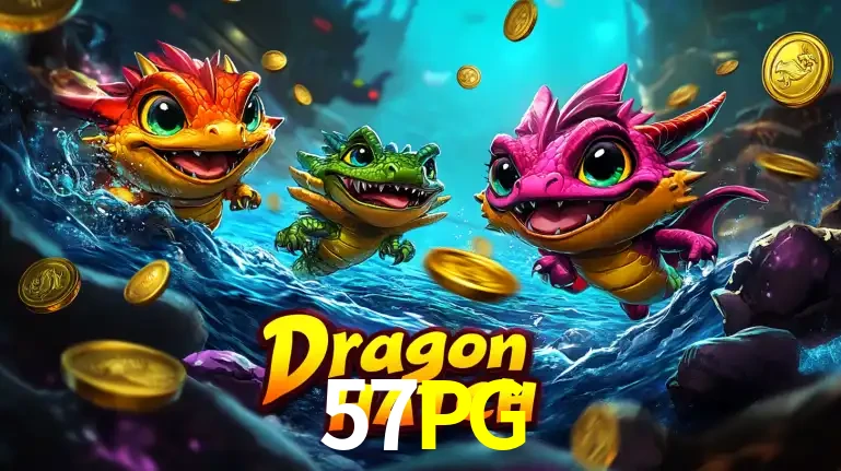 Arte promocional do jogo Dragon Hatch com três adoráveis dragões bebês nadando entre moedas de ouro, um dos slots mais divertidos para jogar no cassino 57PG.