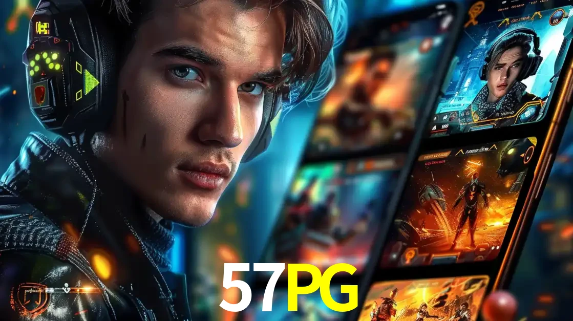 Jovem jogador com fones de ouvido olhando para a câmera, com um aplicativo de jogos e e-sports para celular ao fundo, pronto para a competição e apostas no 57PG.