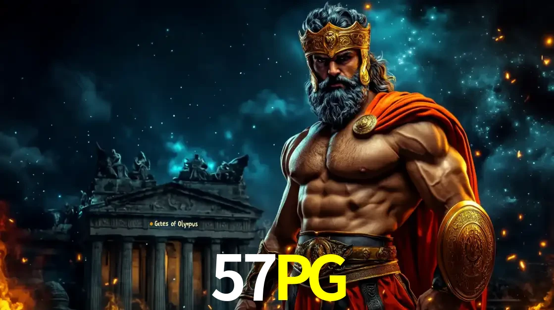 O poderoso Zeus do jogo de slot Gates of Olympus em frente ao seu templo, pronto para lançar multiplicadores divinos e prêmios épicos no cassino online 57PG.