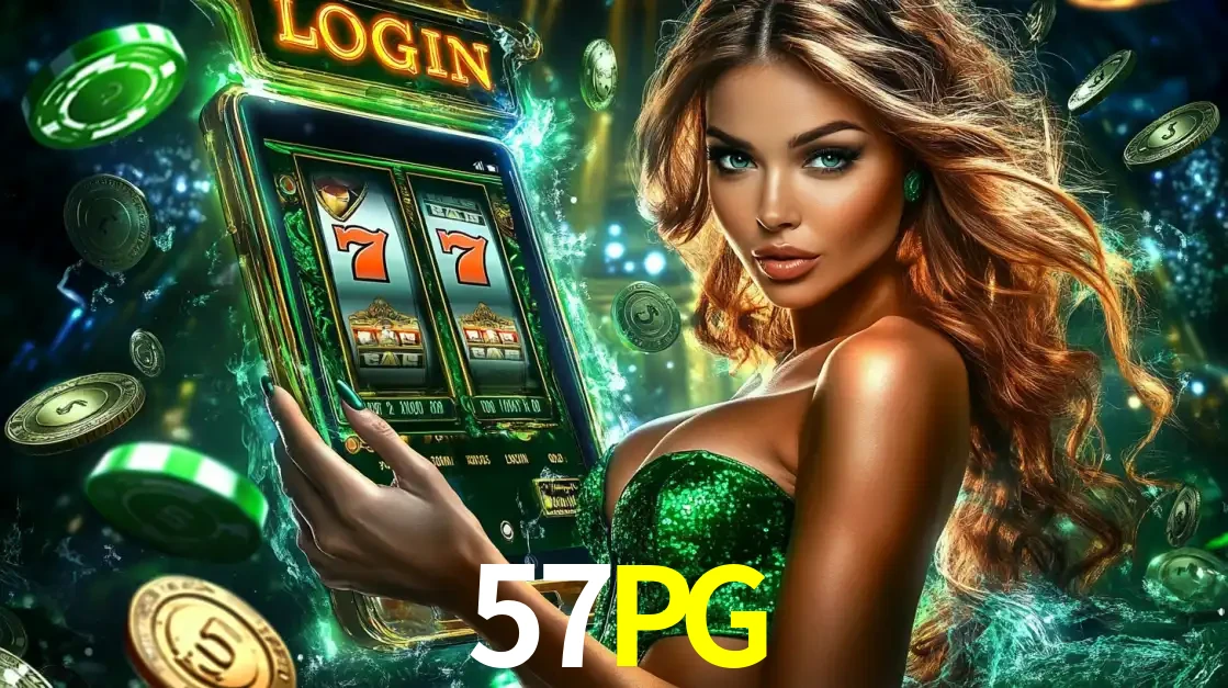 Mulher com tema verde apresentando o aplicativo do cassino 57PG com um jogo de slot de 777, cercada por fichas de cassino e uma aura de sorte.