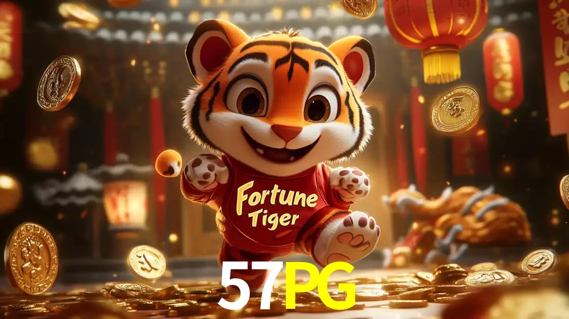 O alegre personagem do Fortune Tiger correndo sobre um caminho de moedas de ouro, simbolizando os grandes prêmios e a diversão do popular jogo de slot do 57PG.