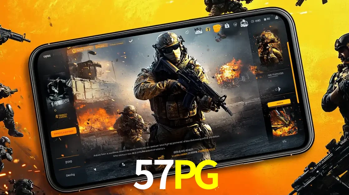 Um smartphone exibindo a interface de um jogo de tiro em primeira pessoa, com um soldado em um cenário de batalha, representando a ação dos e-sports para apostar no 57PG.