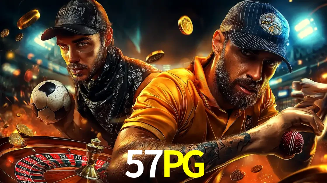 Montagem de apostas esportivas e cassino no 57PG, com um homem segurando uma bola de futebol e outro uma de beisebol sobre uma roleta e moedas voadoras.