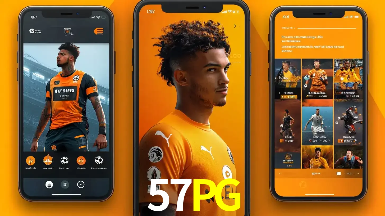 Interface do aplicativo de apostas esportivas 57PG em três telas de celular, mostrando o perfil de um jogador de futebol e a lista de jogos disponíveis para apostar.