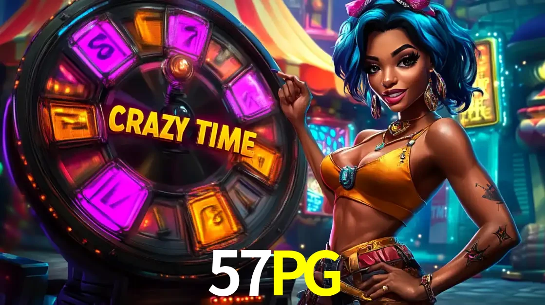 Mulher estilizada com cabelo azul e visual vibrante posando ao lado da roda de prêmios do game show Crazy Time, convidando para a diversão e os bônus do cassino 57PG.