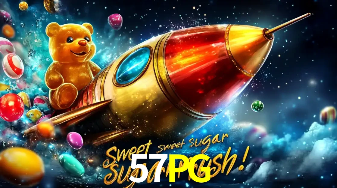Arte promocional do jogo de slot Sugar Rush, com um urso de pelúcia em um foguete viajando pelo espaço de doces, um dos jogos divertidos disponíveis no cassino 57PG.