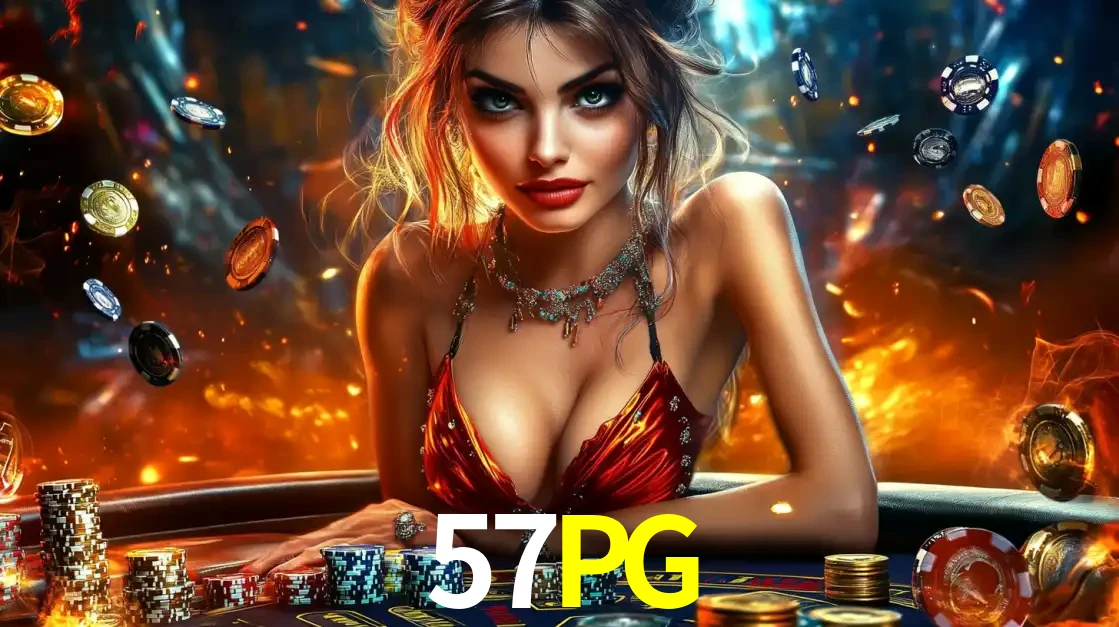 Mulher em uma mesa de cassino com pilhas de fichas e um fundo de fogo, pronta para uma rodada de altas apostas nos jogos de mesa emocionantes do cassino 57PG.