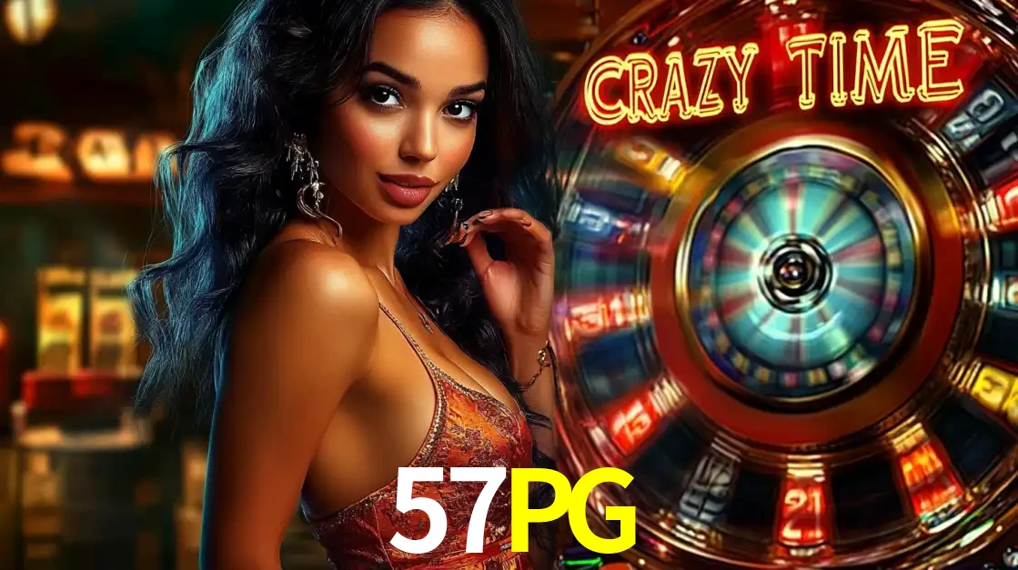 Mulher elegante ao lado da vibrante roda da fortuna do jogo de cassino ao vivo Crazy Time, um dos game shows mais populares e cheios de prêmios do 57PG.