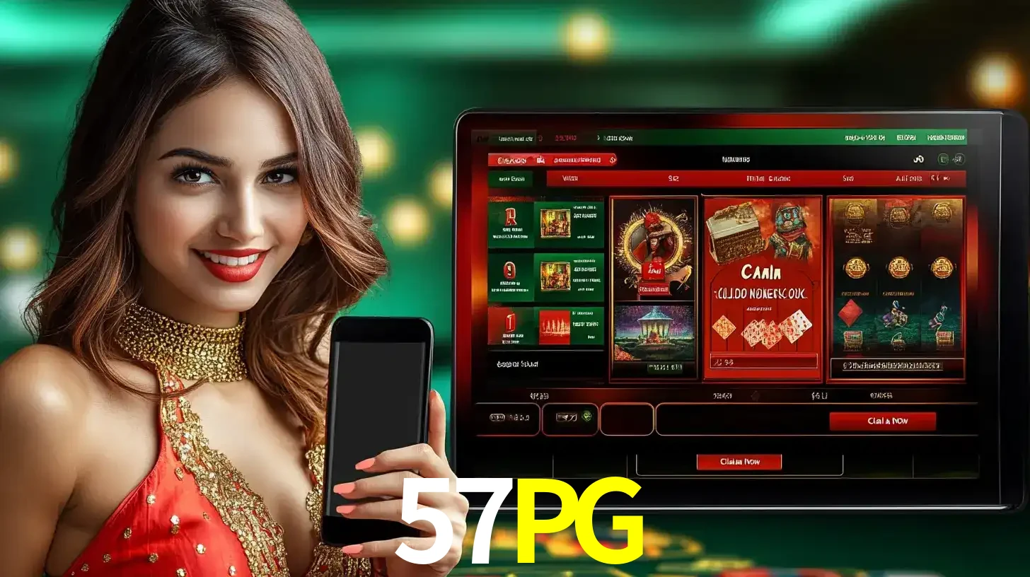 Mulher sorridente segurando um smartphone, ao lado de uma tela exibindo o lobby de jogos do cassino online 57PG, com várias opções de jogos de cartas e slots.